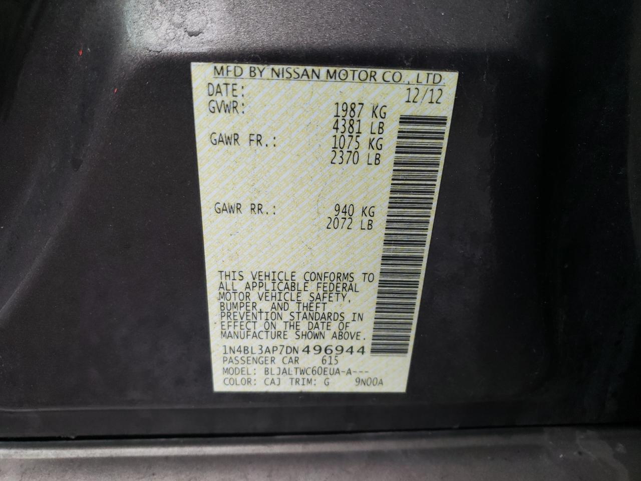 Photo 10 from auction – 2013 NISSAN ALTIMA 3.5 with VIN 1N4BL3AP7DN496944