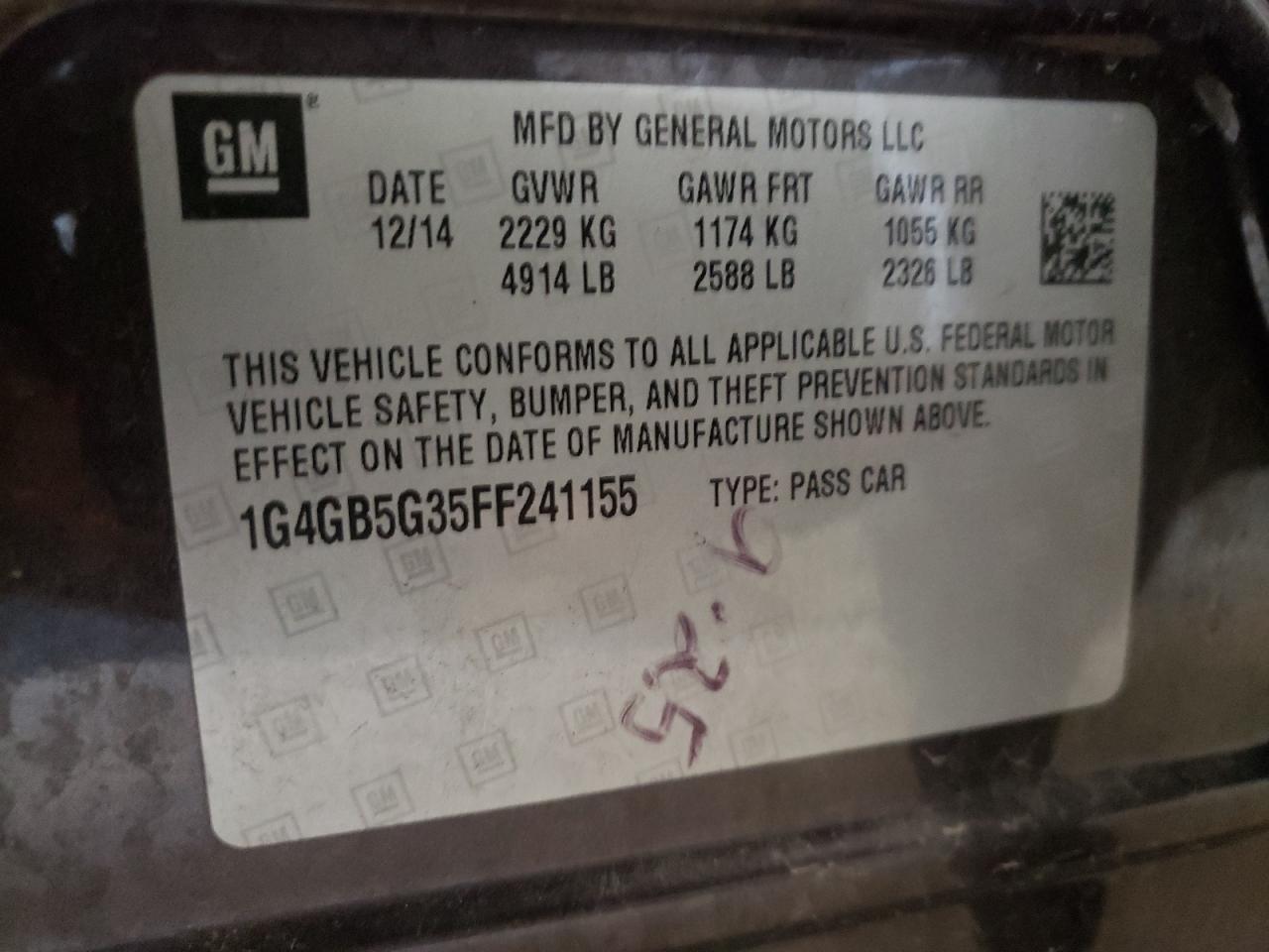 Photo 10 from auction – 2015 BUICK LACROSSE with VIN 1G4GB5G35FF241155