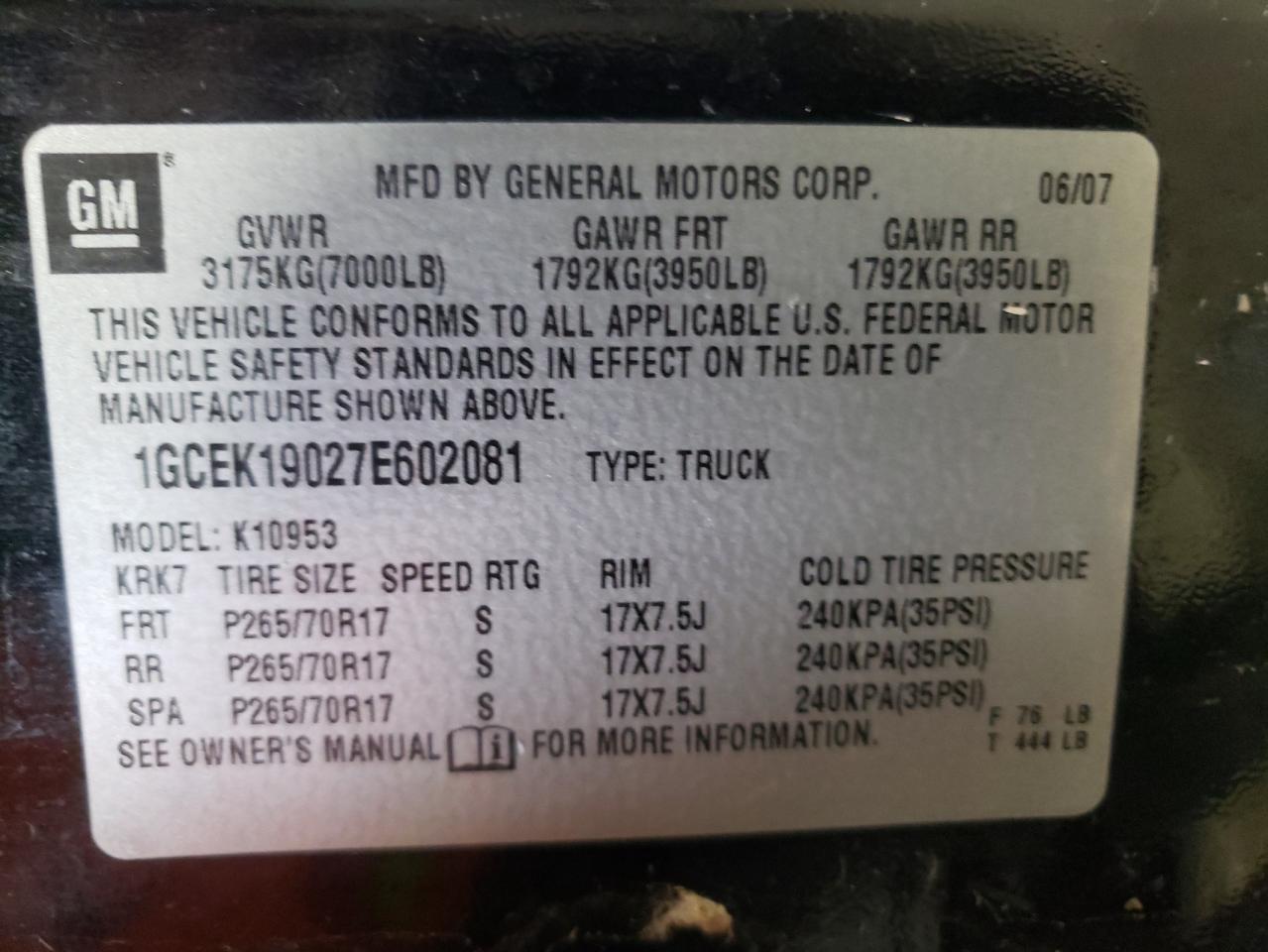Photo 10 from auction – 2007 CHEVROLET SILVERADO with VIN 1GCEK19027E602081