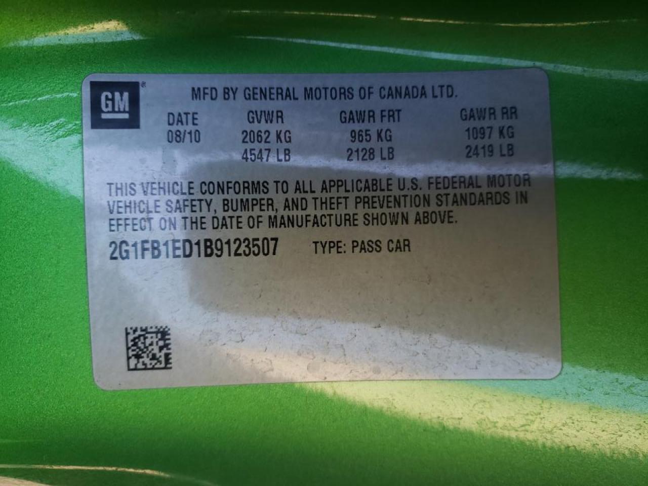 Photo 10 from auction – 2011 CHEVROLET CAMARO LT with VIN 2G1FB1ED1B9123507