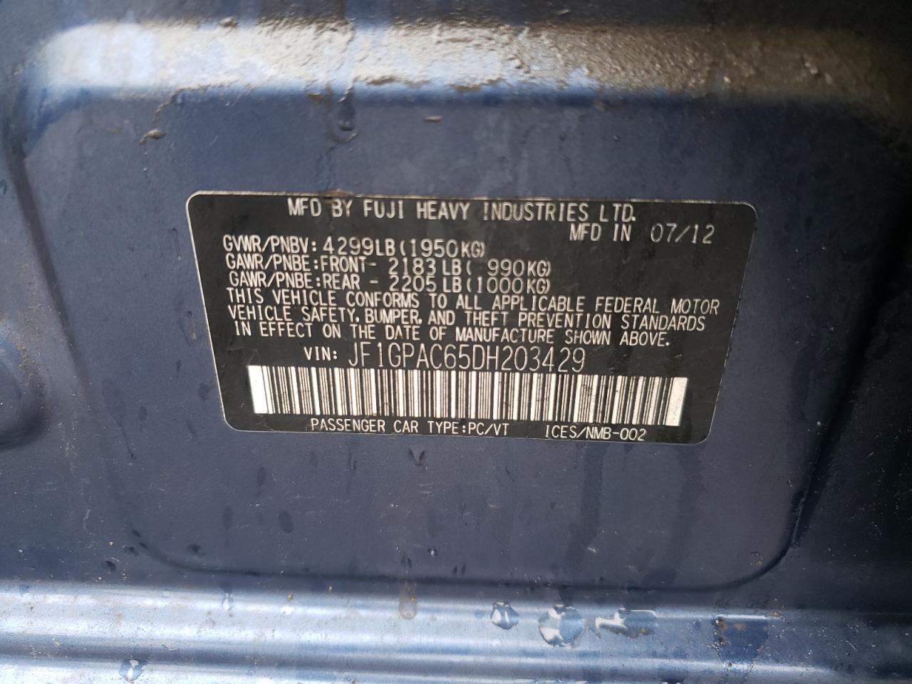 Photo 10 from auction – 2013 SUBARU IMPREZA PR with VIN JF1GPAC65DH203429