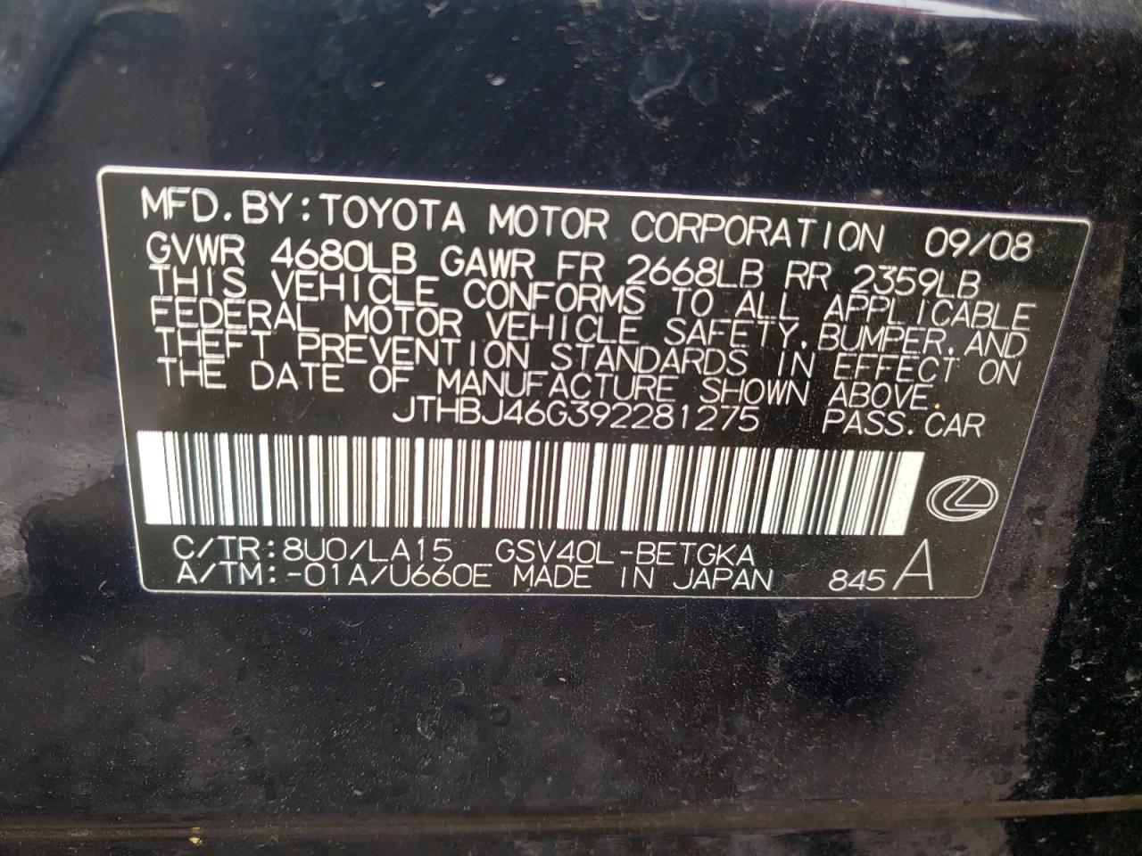 Photo 10 from auction – 2009 LEXUS ES 350 with VIN JTHBJ46G392281275