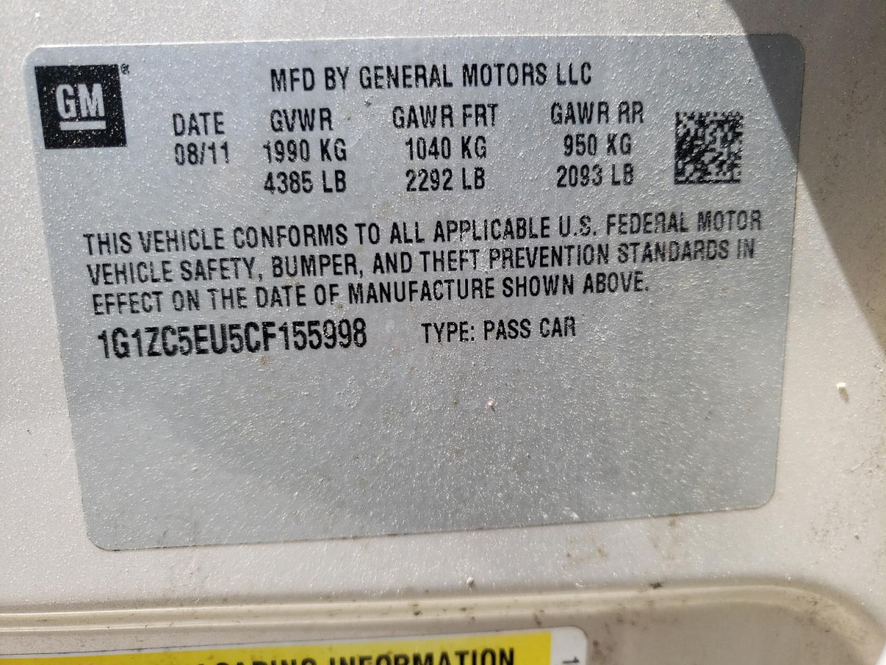 Photo 10 from auction – 2012 CHEVROLET MALIBU 1LT with VIN 1G1ZC5EU5CF155998