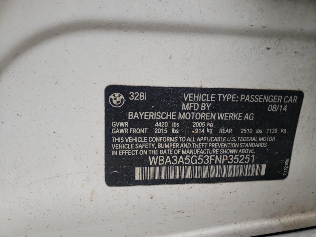 Photo 10 from auction – 2015 BMW 328 I with VIN WBA3A5G53FNP35251