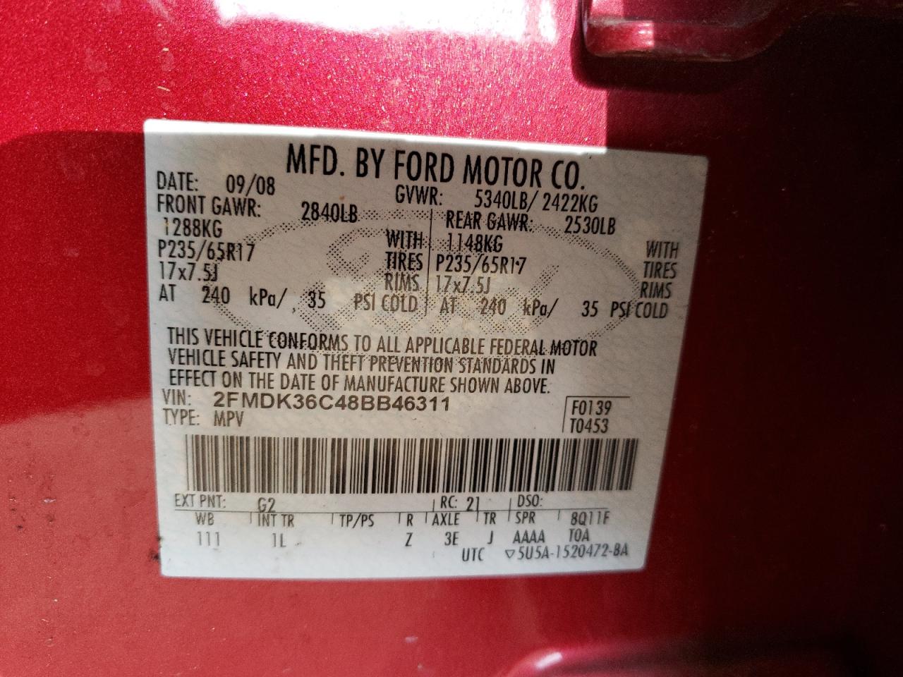 Photo 10 from auction – 2008 FORD EDGE SE with VIN 2FMDK36C48BB46311