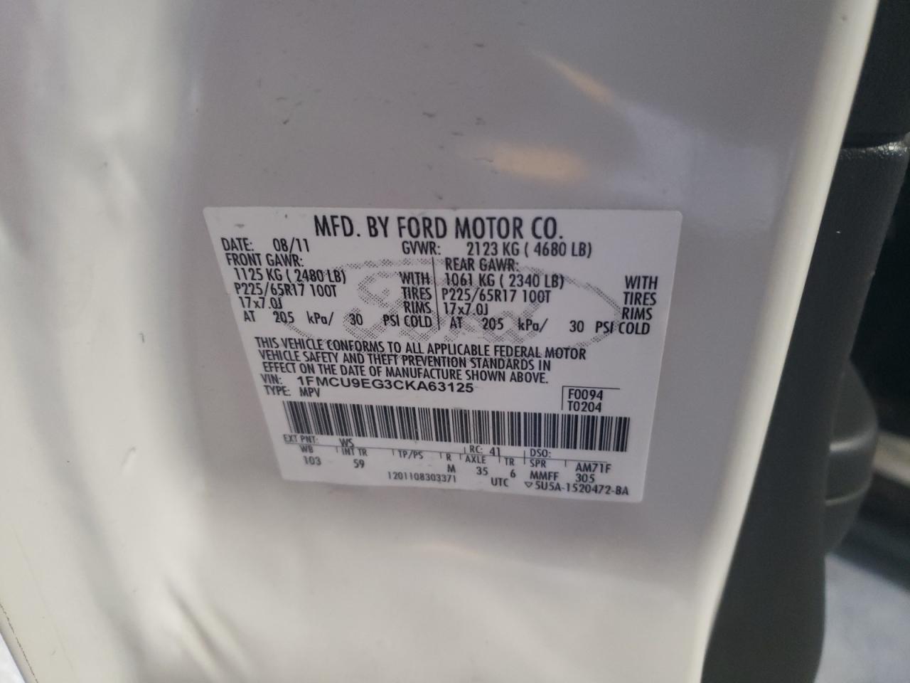 Photo 10 from auction – 2012 FORD ESCAPE LIM with VIN 1FMCU9EG3CKA63125