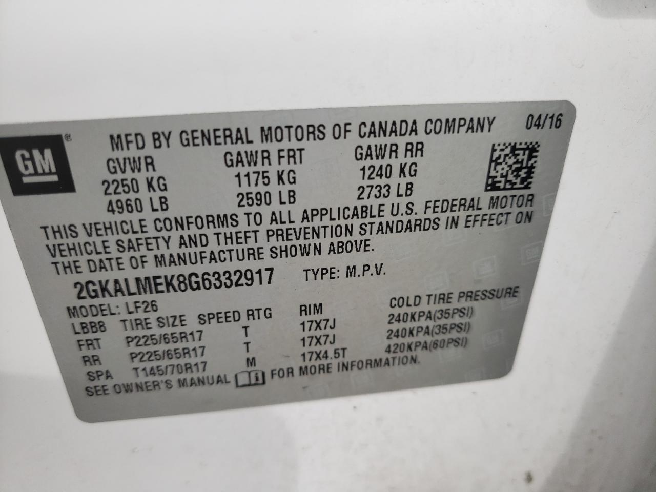 Photo 10 from auction – 2016 GMC TERRAIN SL with VIN 2GKALMEK8G6332917