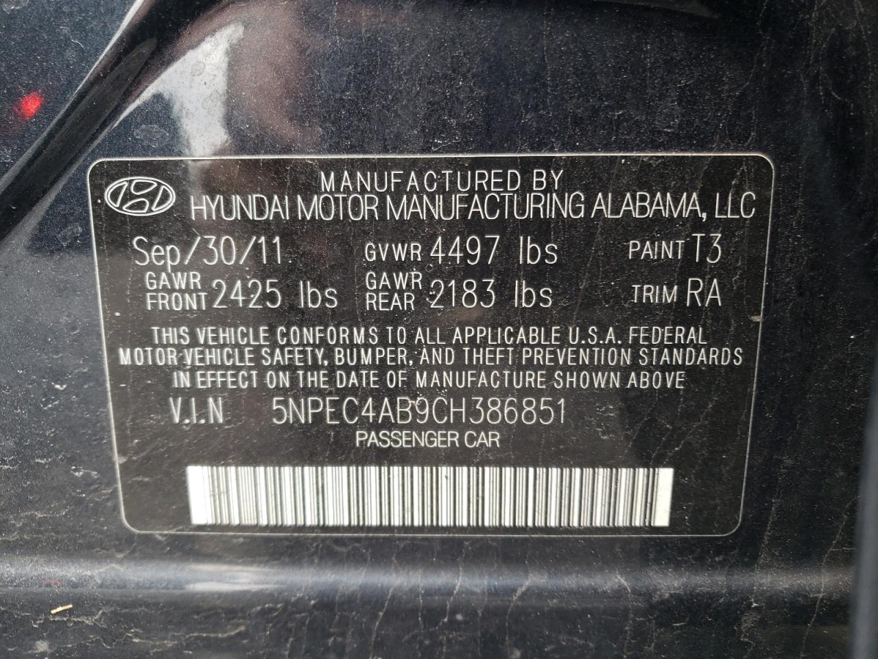 Photo 10 from auction – 2012 HYUNDAI SONATA SE with VIN 5NPEC4AB9CH386851