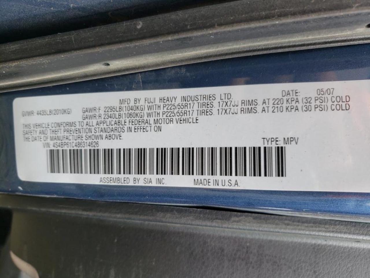Photo 10 from auction – 2008 SUBARU OUTBACK 2. with VIN 4S4BP61C486314626