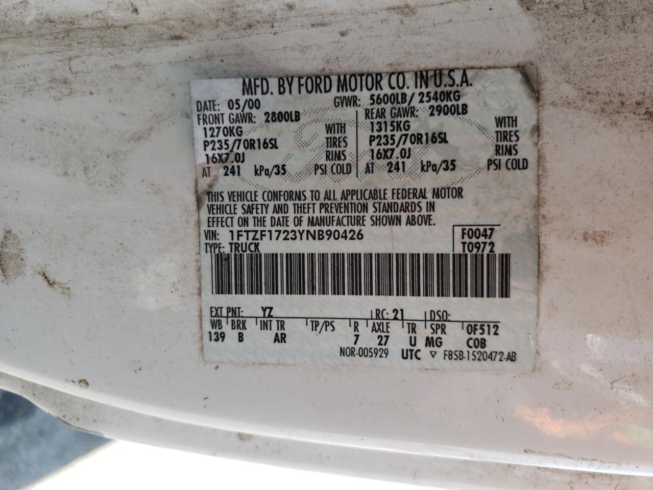 Photo 10 from auction – 2000 FORD F150 with VIN 1FTZF1723YNB90426