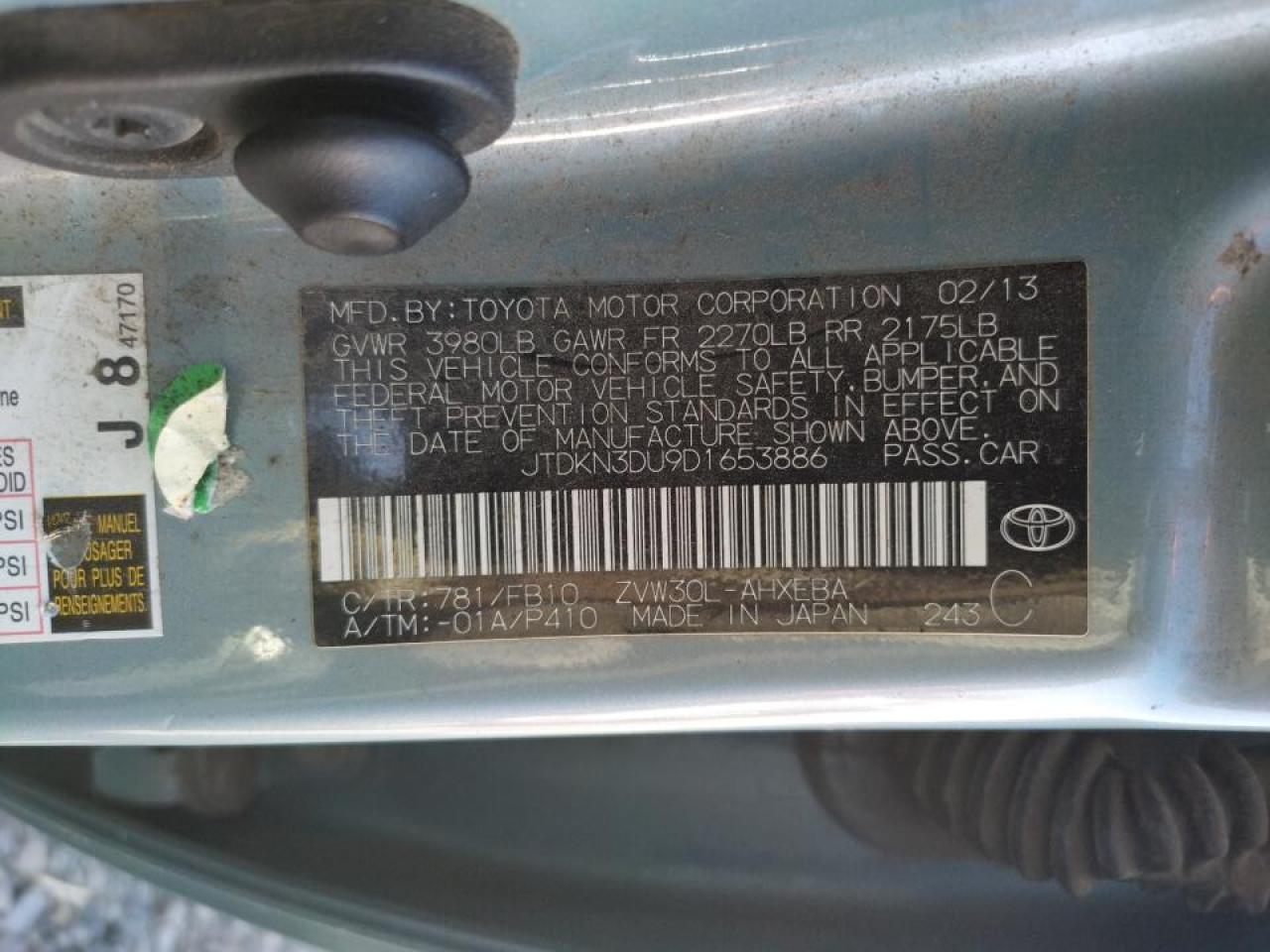 Photo 10 from auction – 2013 TOYOTA PRIUS with VIN JTDKN3DU9D1653886