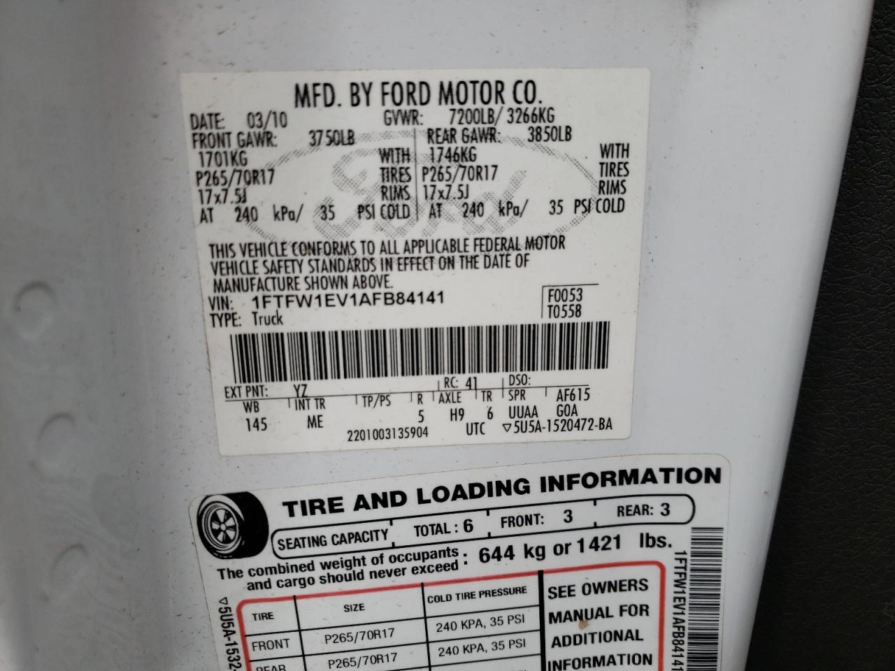 Photo 10 from auction – 2010 FORD F150 SUPER with VIN 1FTFW1EV1AFB84141