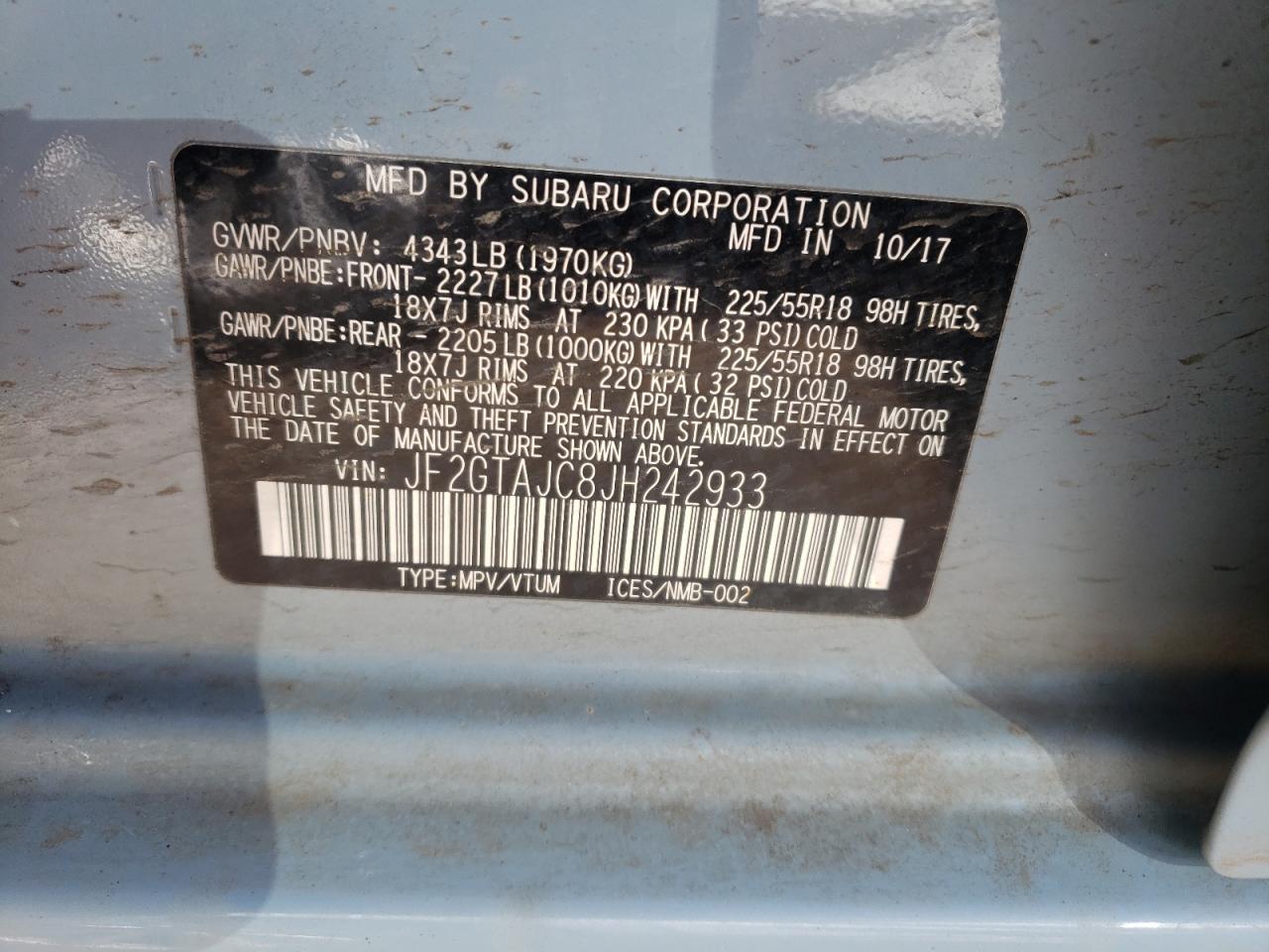 Photo 10 from auction – 2018 SUBARU CROSSTREK with VIN JF2GTAJC8JH242933