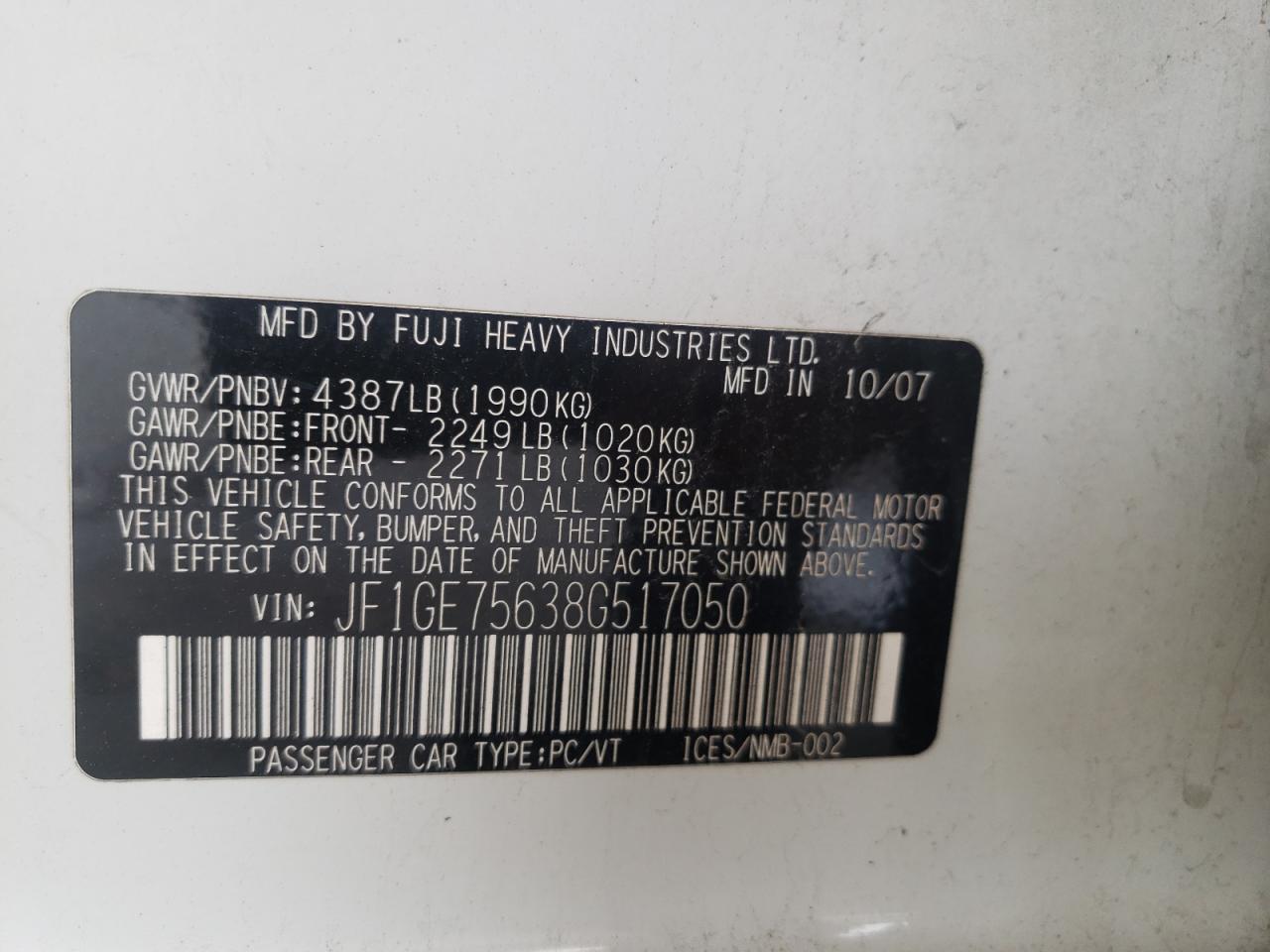 Photo 10 from auction – 2008 SUBARU IMPREZA WR with VIN JF1GE75638G517050