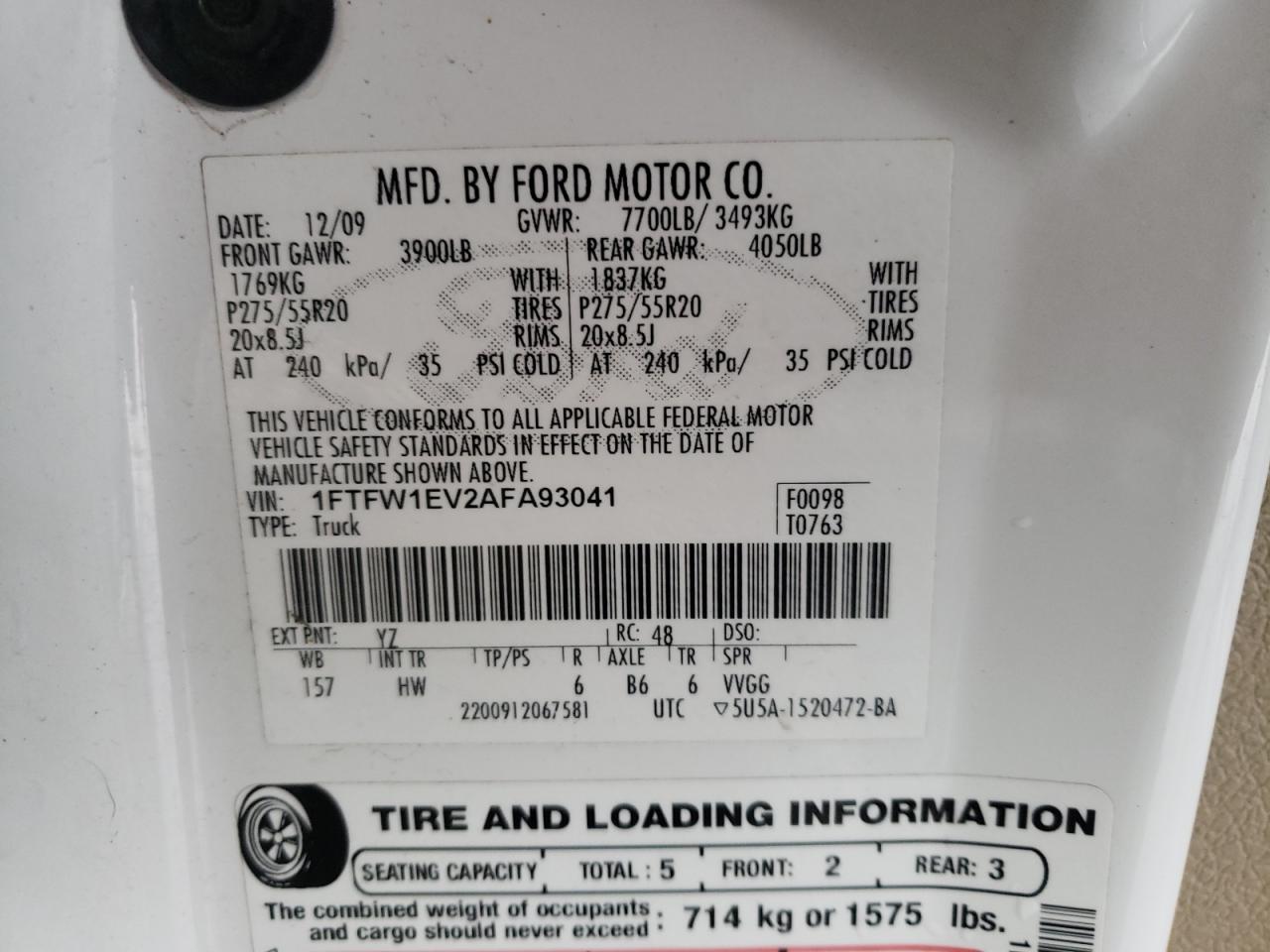 Photo 10 from auction – 2010 FORD F150 SUPER with VIN 1FTFW1EV2AFA93041