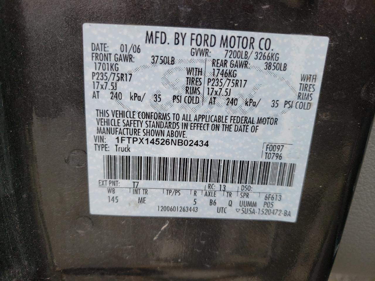 Zdjęcie 10 z aukcji – 2006 FORD F150 z VIN 1FTPX14526NB02434