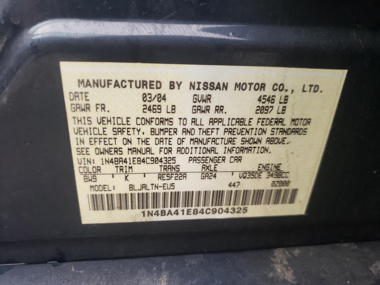 Photo 10 from auction – 2004 NISSAN MAXIMA SE with VIN 1N4BA41E84C904325