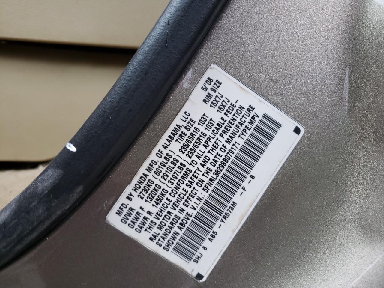 Photo 10 from auction – 2008 HONDA ODYSSEY LX with VIN 5FNRL38298B079171