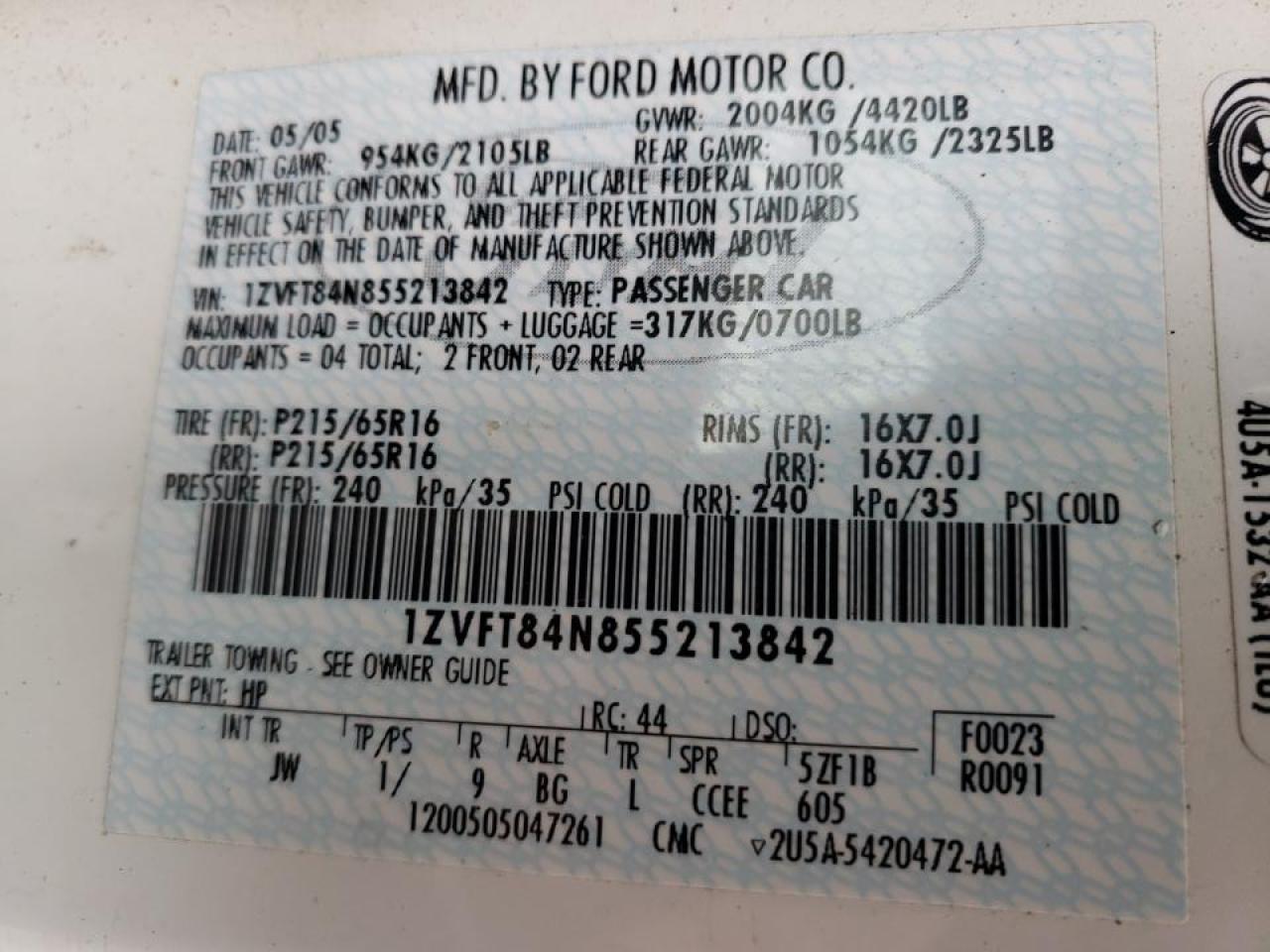 Photo 10 from auction – 2005 FORD MUSTANG with VIN 1ZVFT84N855213842
