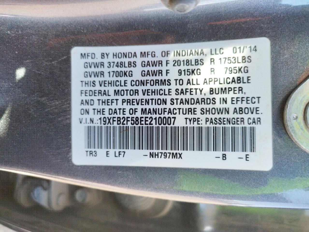 Photo 10 from auction – 2014 HONDA CIVIC LX with VIN 19XFB2F58EE210007