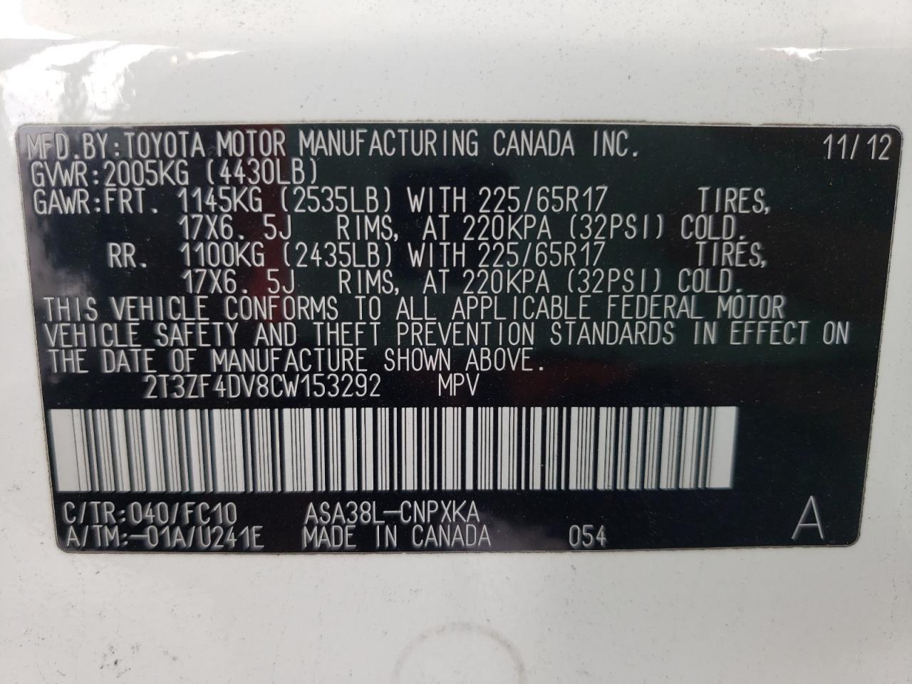 Photo 10 from auction – 2012 TOYOTA RAV4 with VIN 2T3ZF4DV8CW153292