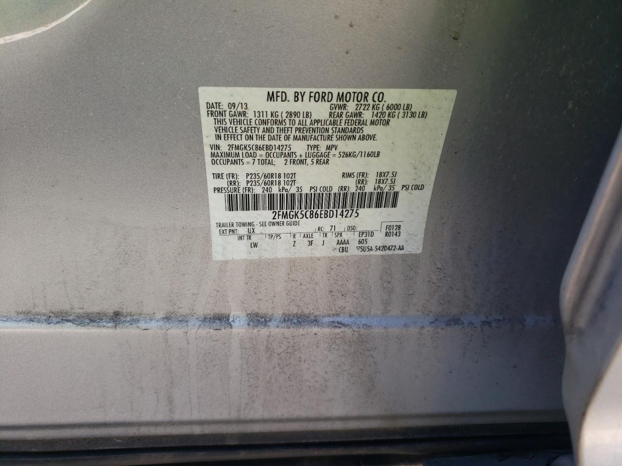 Photo 10 from auction – 2014 FORD FLEX SEL with VIN 2FMGK5C86EBD14275