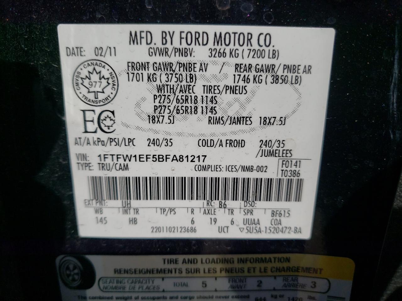 Photo 10 from auction – 2011 FORD F150 SUPER with VIN 1FTFW1EF5BFA81217