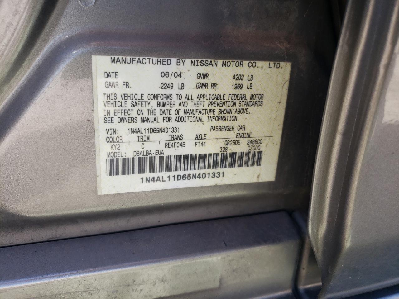Photo 10 from auction – 2005 NISSAN ALTIMA S with VIN 1N4AL11D65N401331