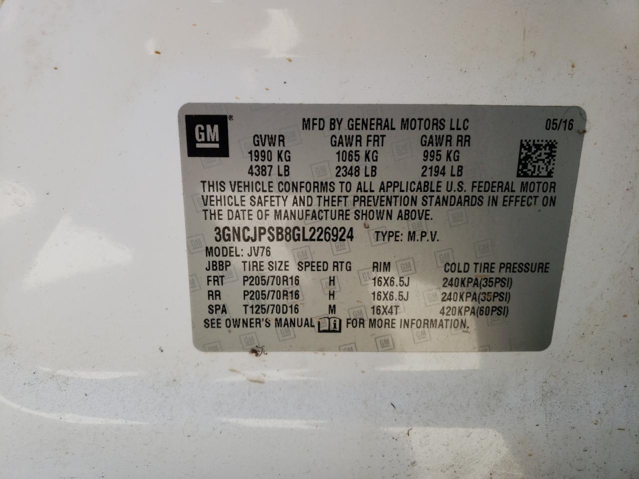 Photo 10 from auction – 2016 CHEVROLET TRAX 1LT with VIN 3GNCJPSB8GL226924