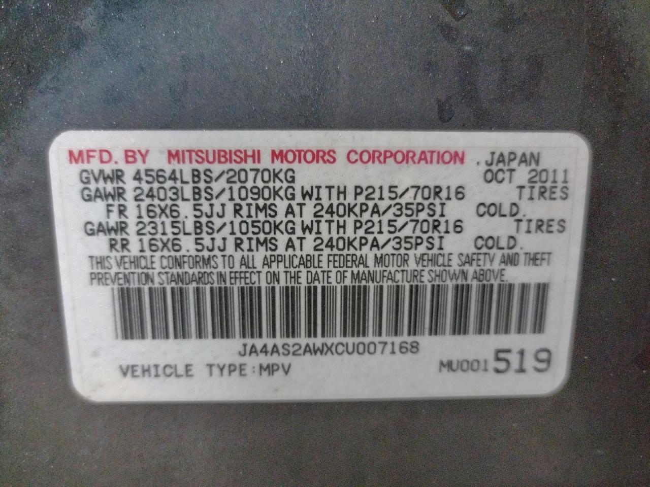 Photo 10 from auction – 2012 MITSUBISHI OUTLANDER with VIN JA4AS2AWXCU007168