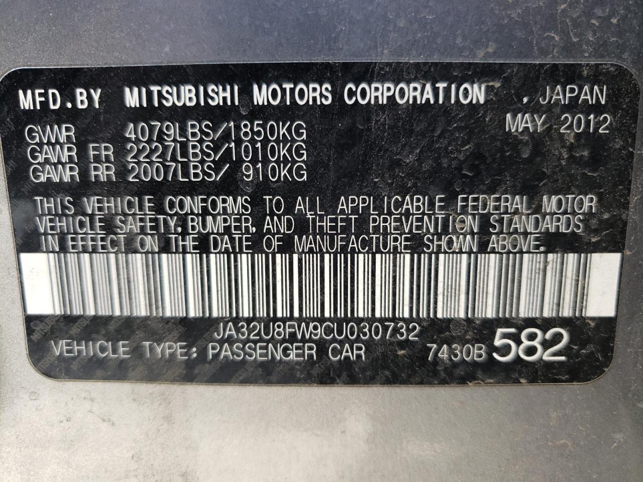 Photo 10 from auction – 2012 MITSUBISHI LANCER GT with VIN JA32U8FW9CU030732