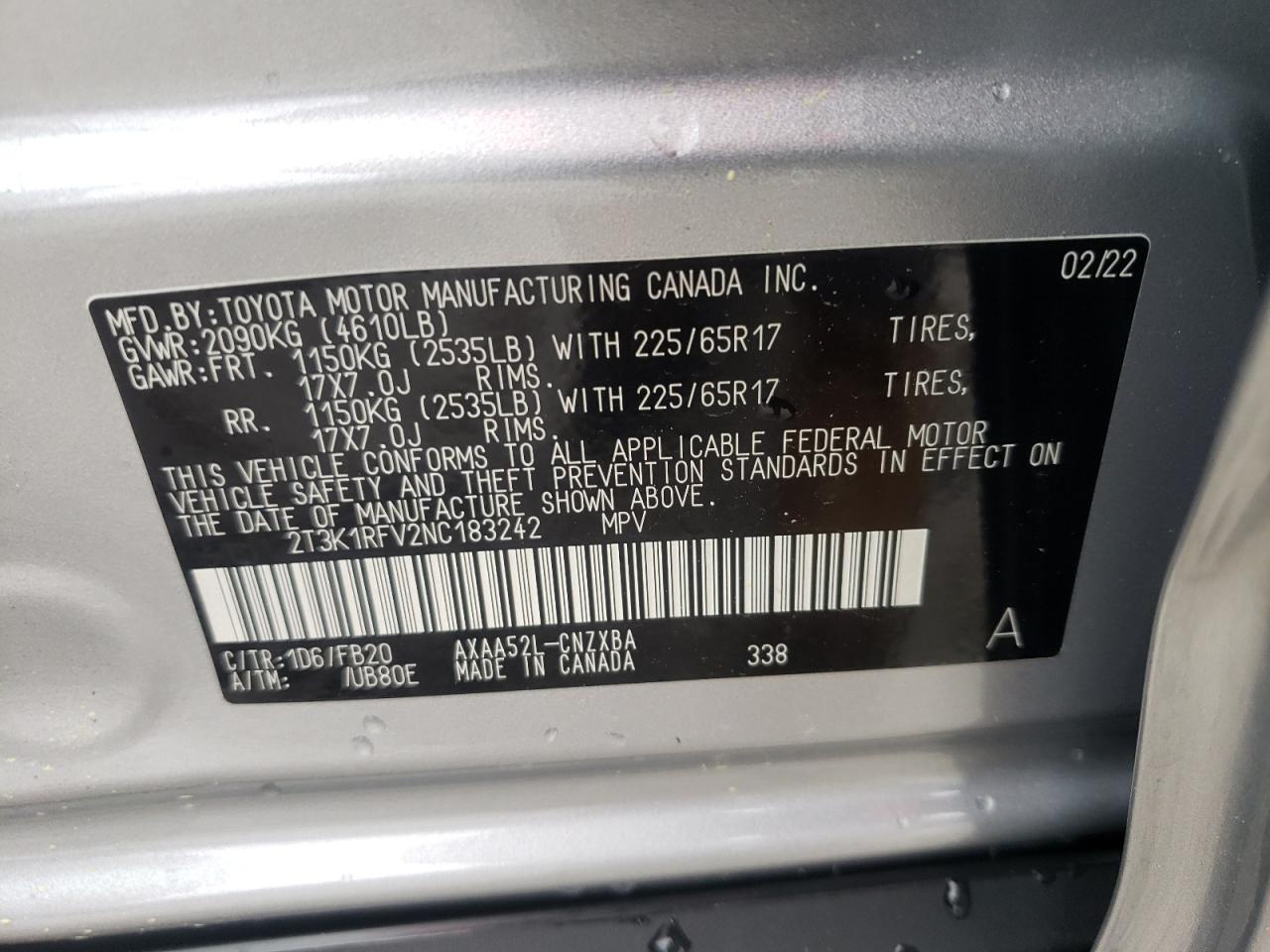 Photo 10 from auction – 2022 TOYOTA RAV4 LE with VIN 2T3K1RFV2NC183242