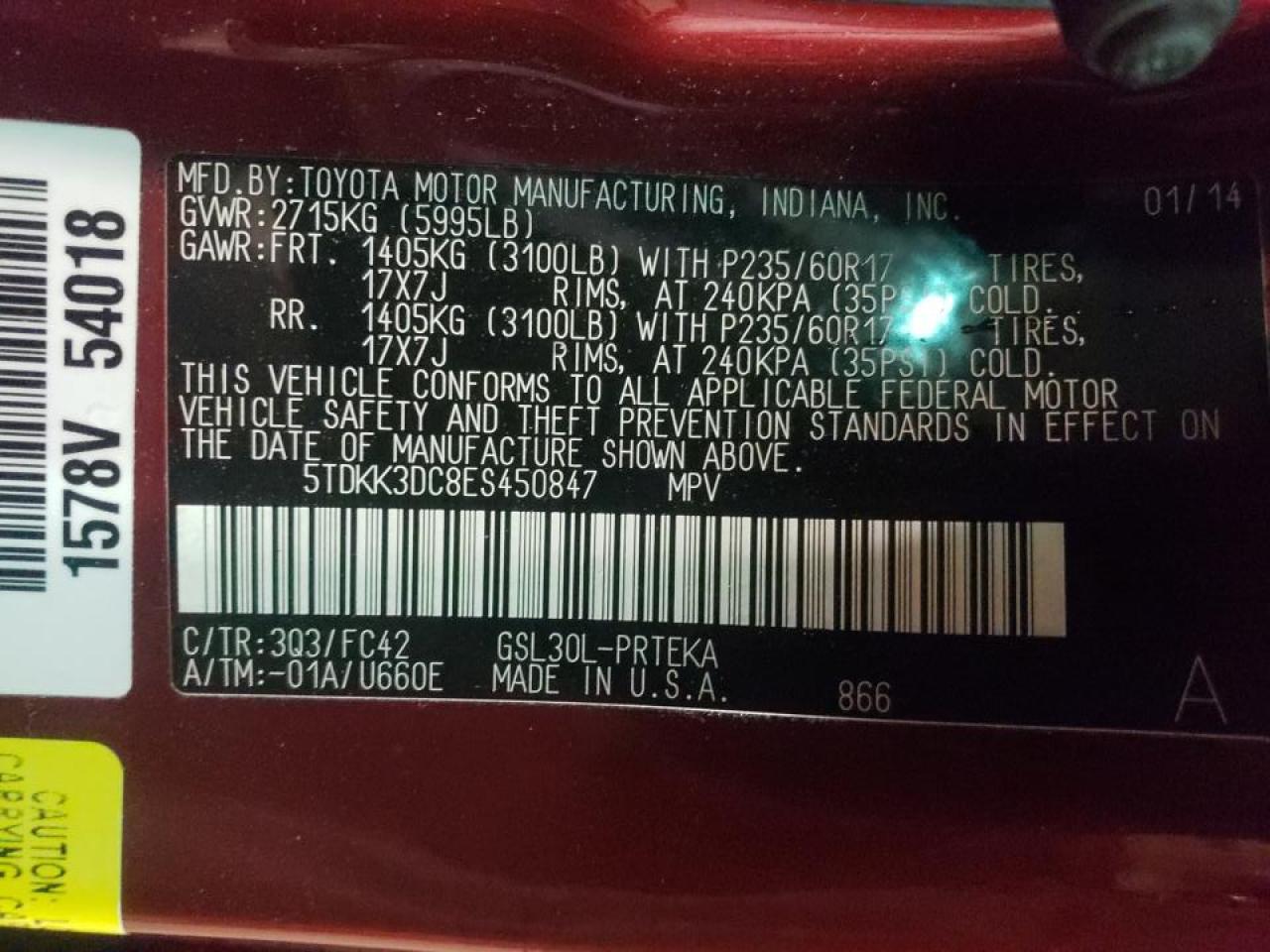 Photo 10 from auction – 2014 TOYOTA SIENNA LE with VIN 5TDKK3DC8ES450847