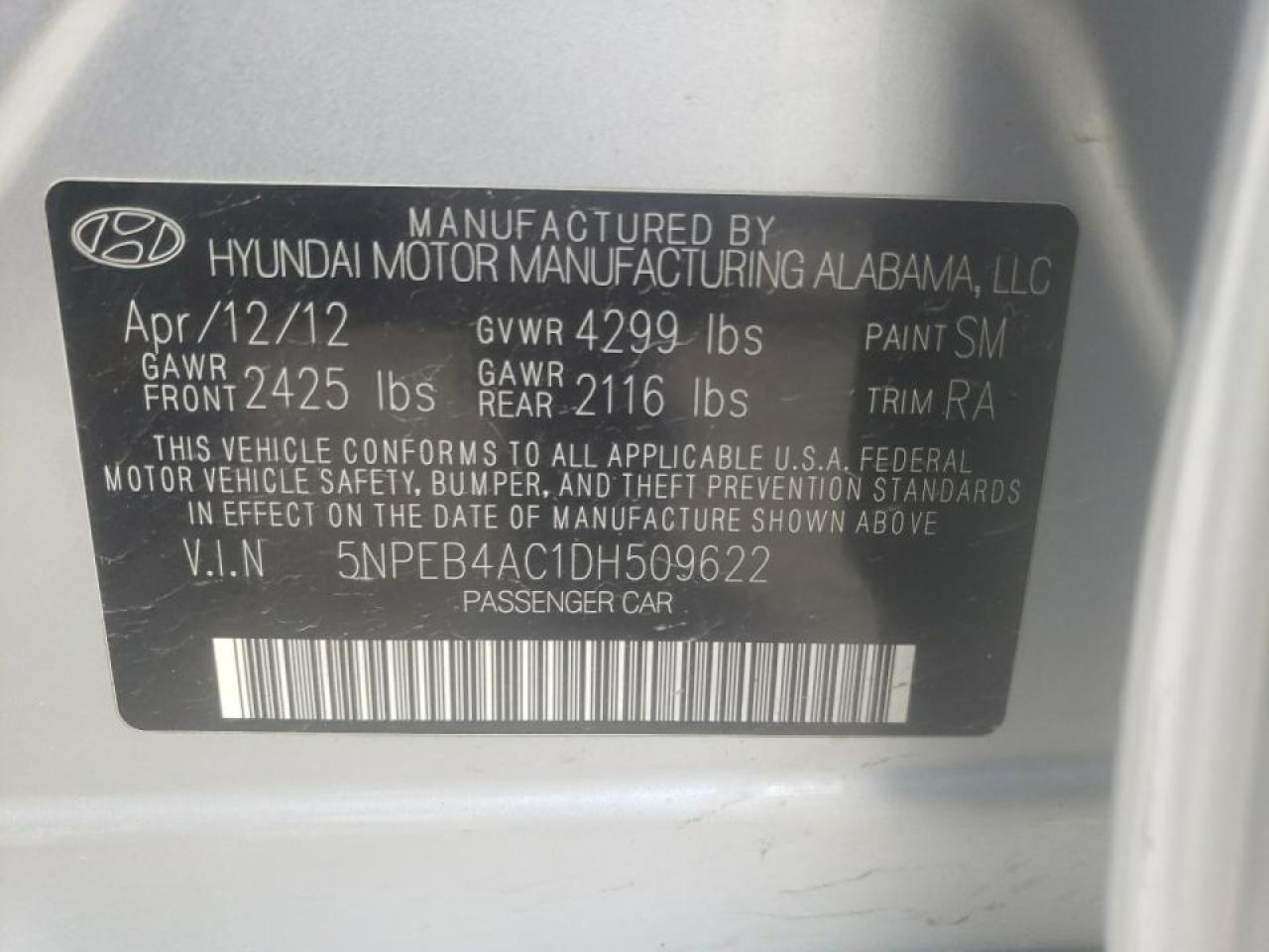 Photo 10 from auction – 2013 HYUNDAI SONATA GLS with VIN 5NPEB4AC1DH509622