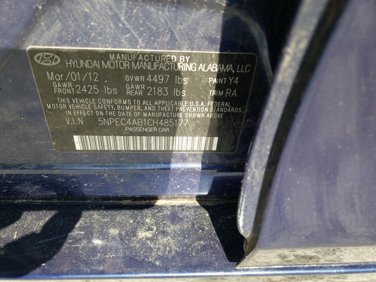 Photo 10 from auction – 2012 HYUNDAI SONATA SE with VIN 5NPEC4AB1CH485177