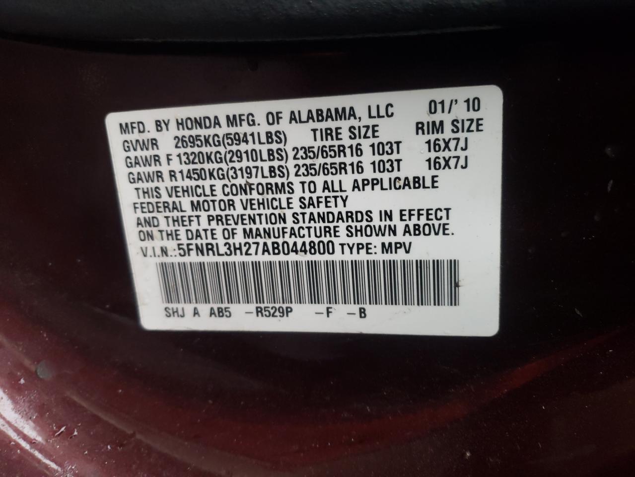 Photo 10 from auction – 2010 HONDA ODYSSEY LX with VIN 5FNRL3H27AB044800