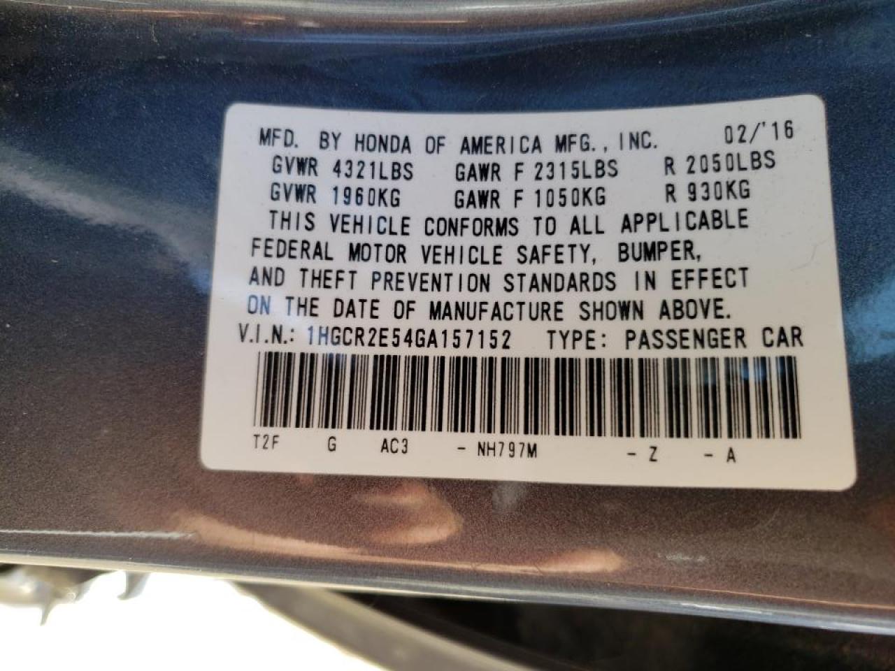 Photo 10 from auction – 2016 HONDA ACCORD SPO with VIN 1HGCR2E54GA157152
