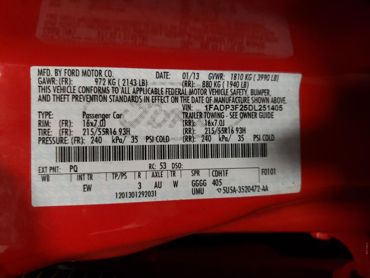 Photo 10 from auction – 2013 FORD FOCUS SE with VIN 1FADP3F25DL251405