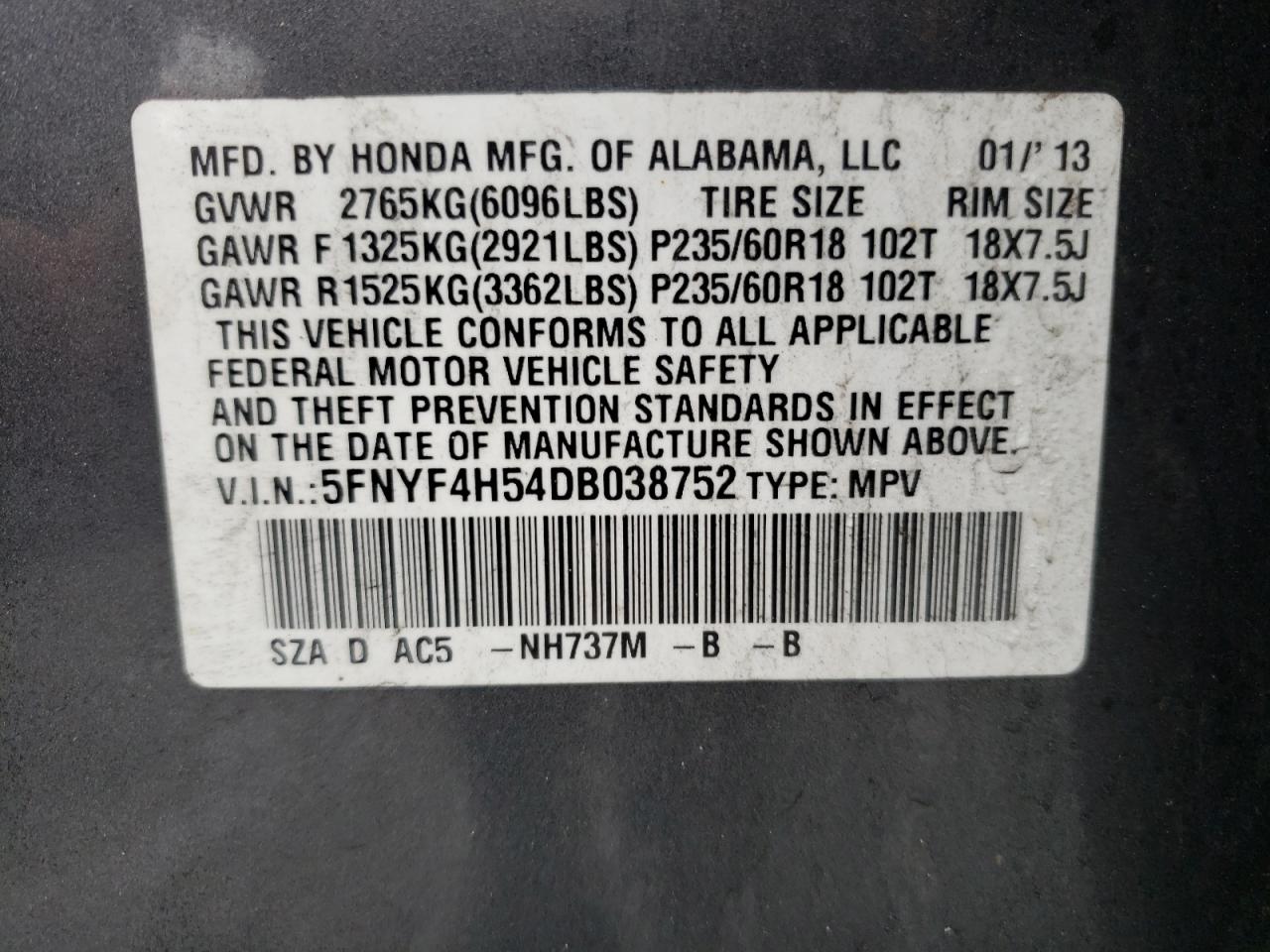 Photo 10 from auction – 2013 HONDA PILOT EXL with VIN 5FNYF4H54DB038752