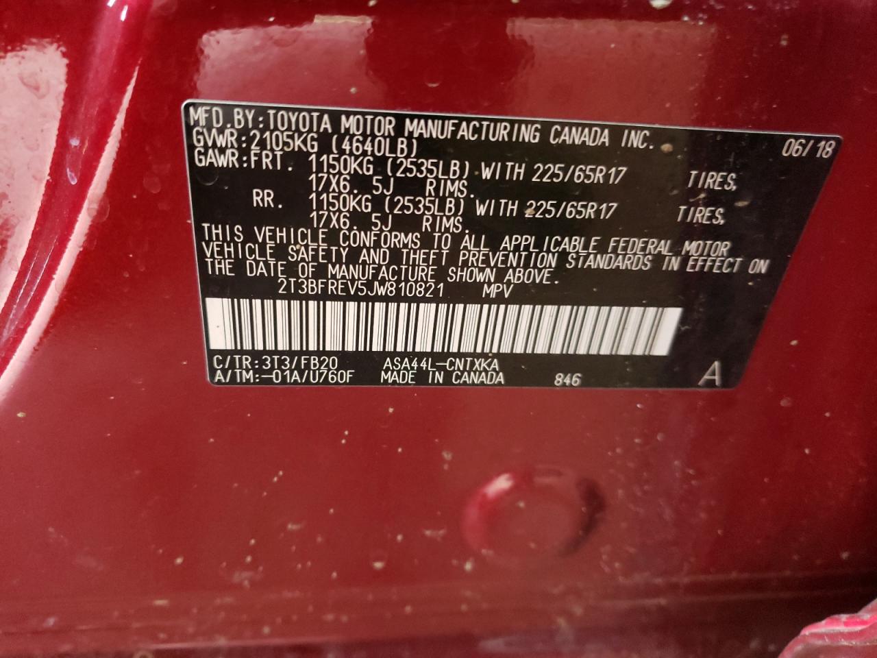 Photo 10 from auction – 2018 TOYOTA RAV4 LE with VIN 2T3BFREV5JW810821