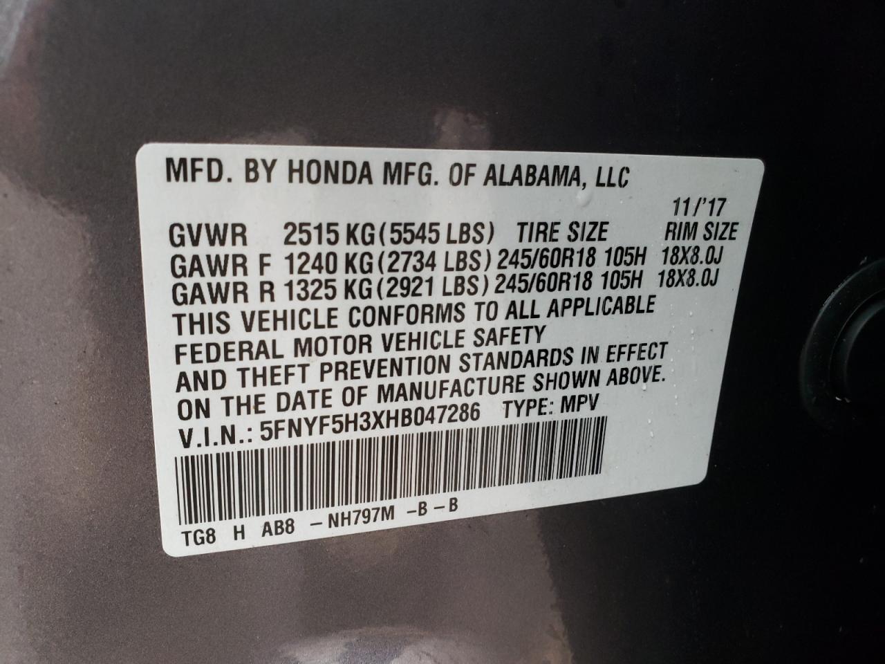 Photo 10 from auction – 2017 HONDA PILOT EX with VIN 5FNYF5H3XHB047286