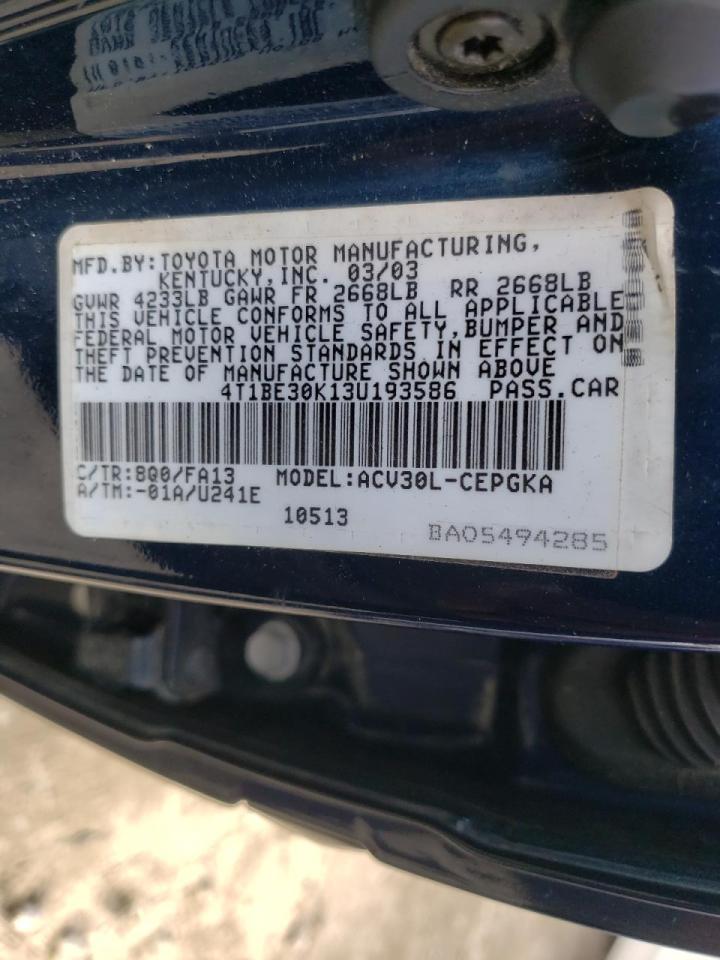 Photo 10 from auction – 2003 TOYOTA CAMRY LE with VIN 4T1BE30K13U193586