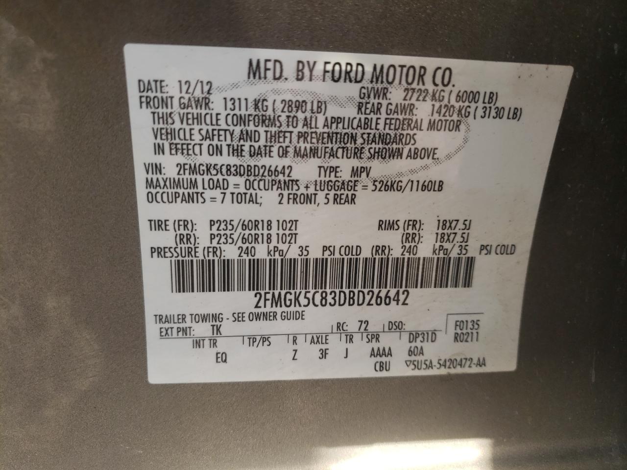 Photo 10 from auction – 2013 FORD FLEX SEL with VIN 2FMGK5C83DBD26642