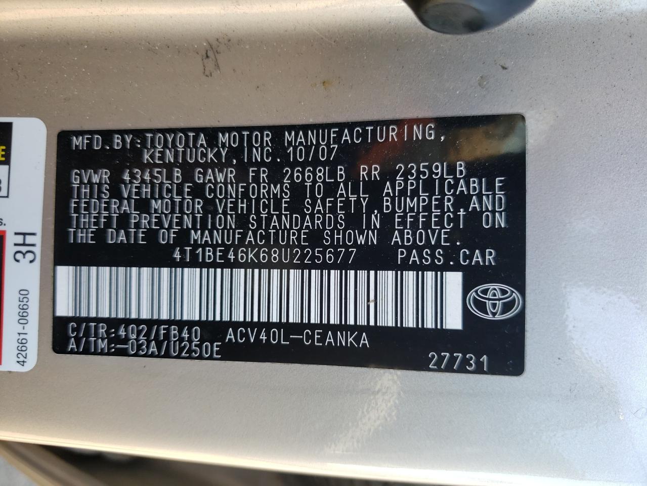 Photo 10 from auction – 2008 TOYOTA CAMRY CE with VIN 4T1BE46K68U225677