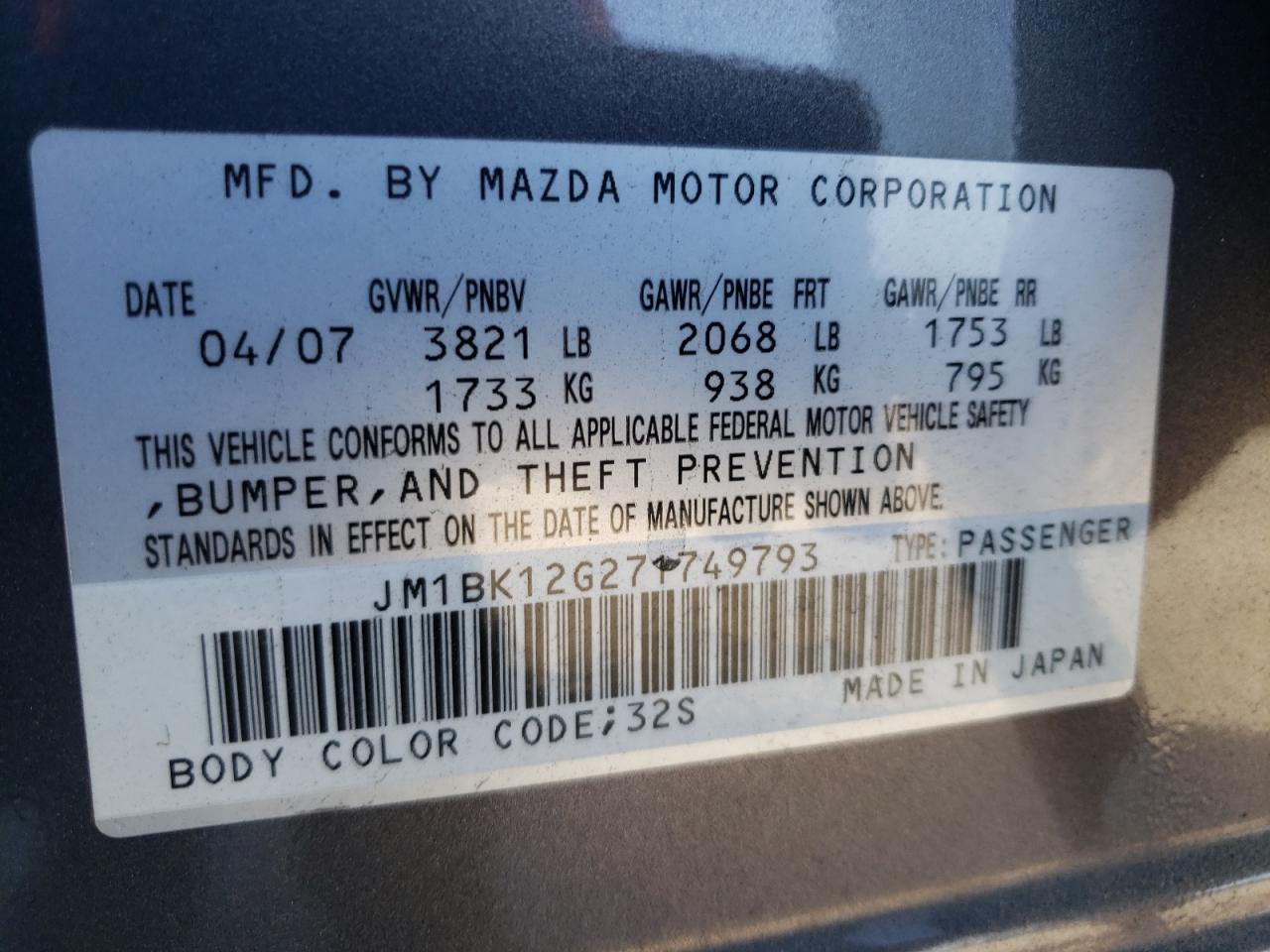 Photo 10 from auction – 2007 MAZDA 3 I with VIN JM1BK12G271749793