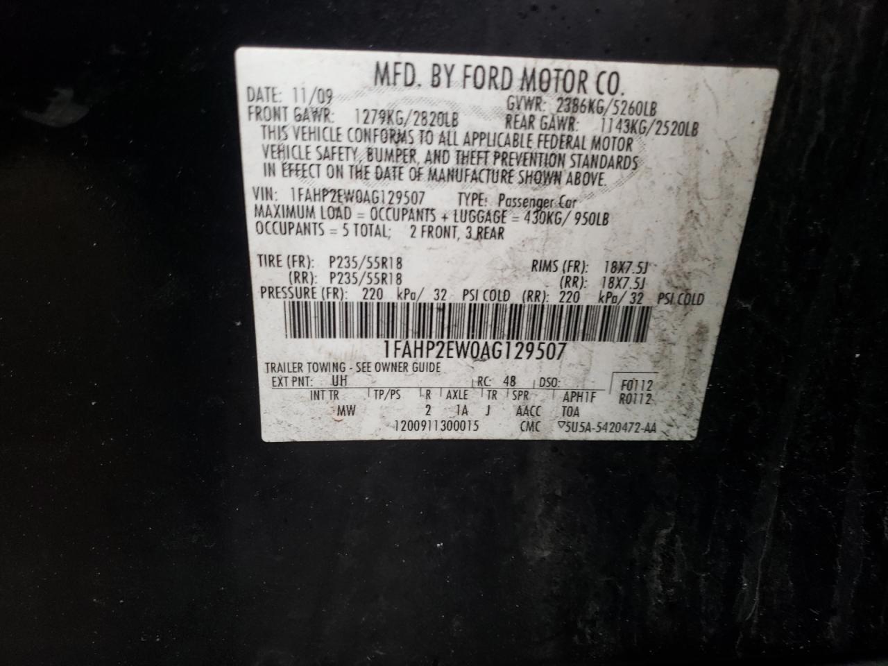Photo 10 from auction – 2010 FORD TAURUS SEL with VIN 1FAHP2EW0AG129507