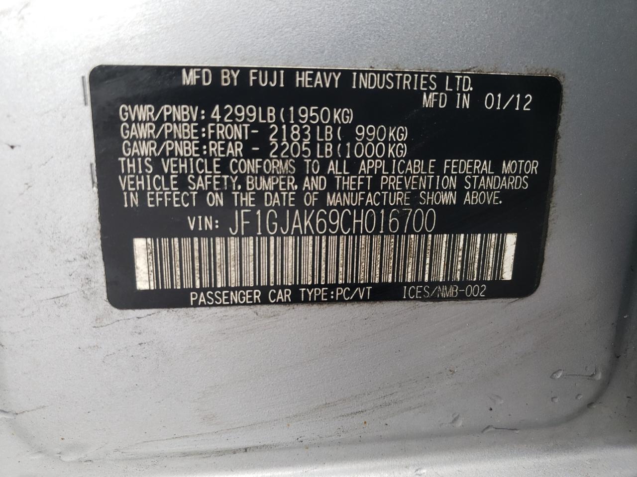 Photo 10 from auction – 2012 SUBARU IMPREZA LI with VIN JF1GJAK69CH016700