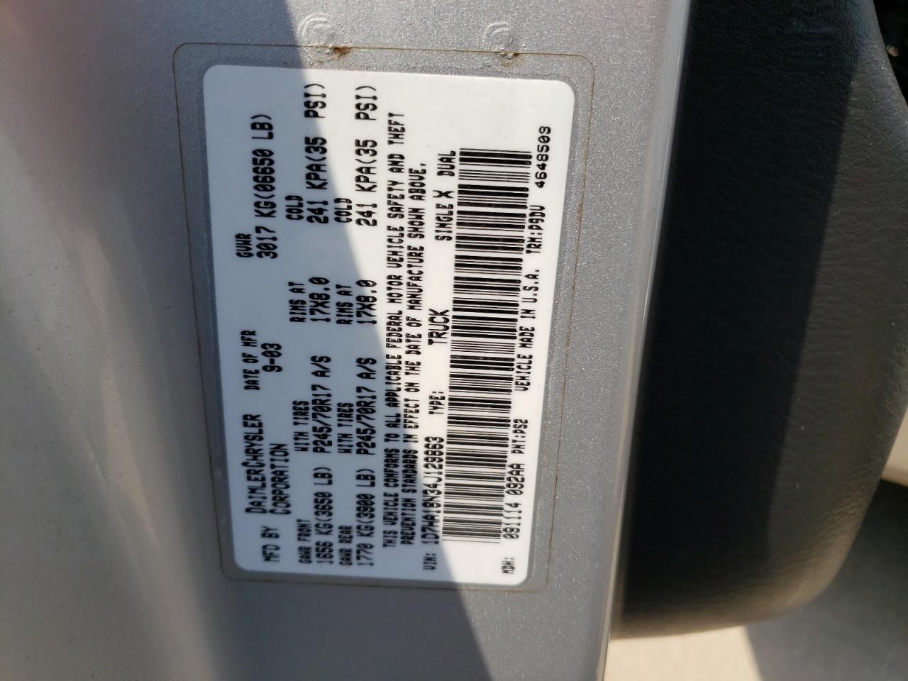 Photo 10 from auction – 2004 DODGE RAM 1500 S with VIN 1D7HA18N34J129863