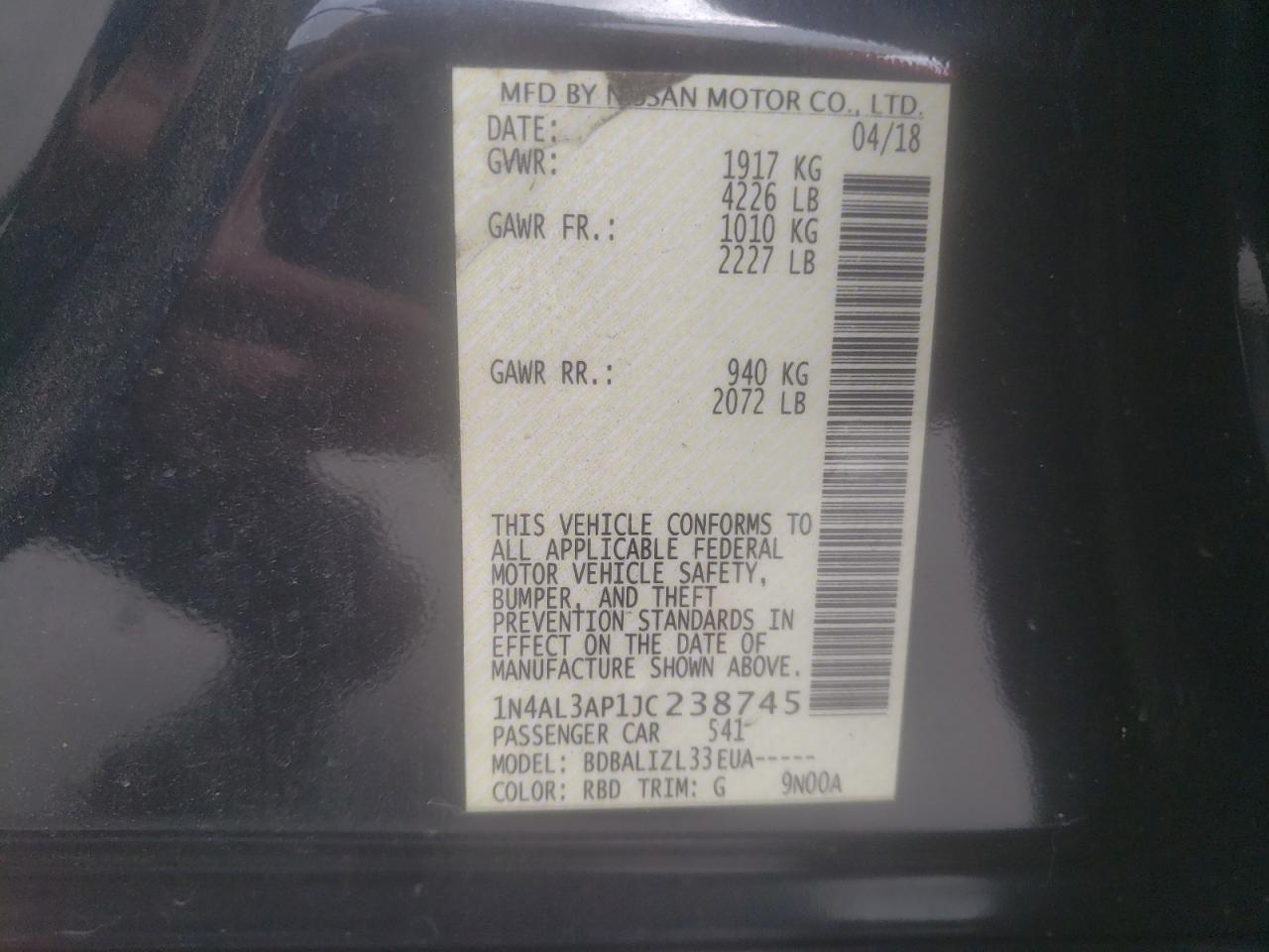 Photo 10 from auction – 2018 NISSAN ALTIMA 2.5 with VIN 1N4AL3AP1JC238745