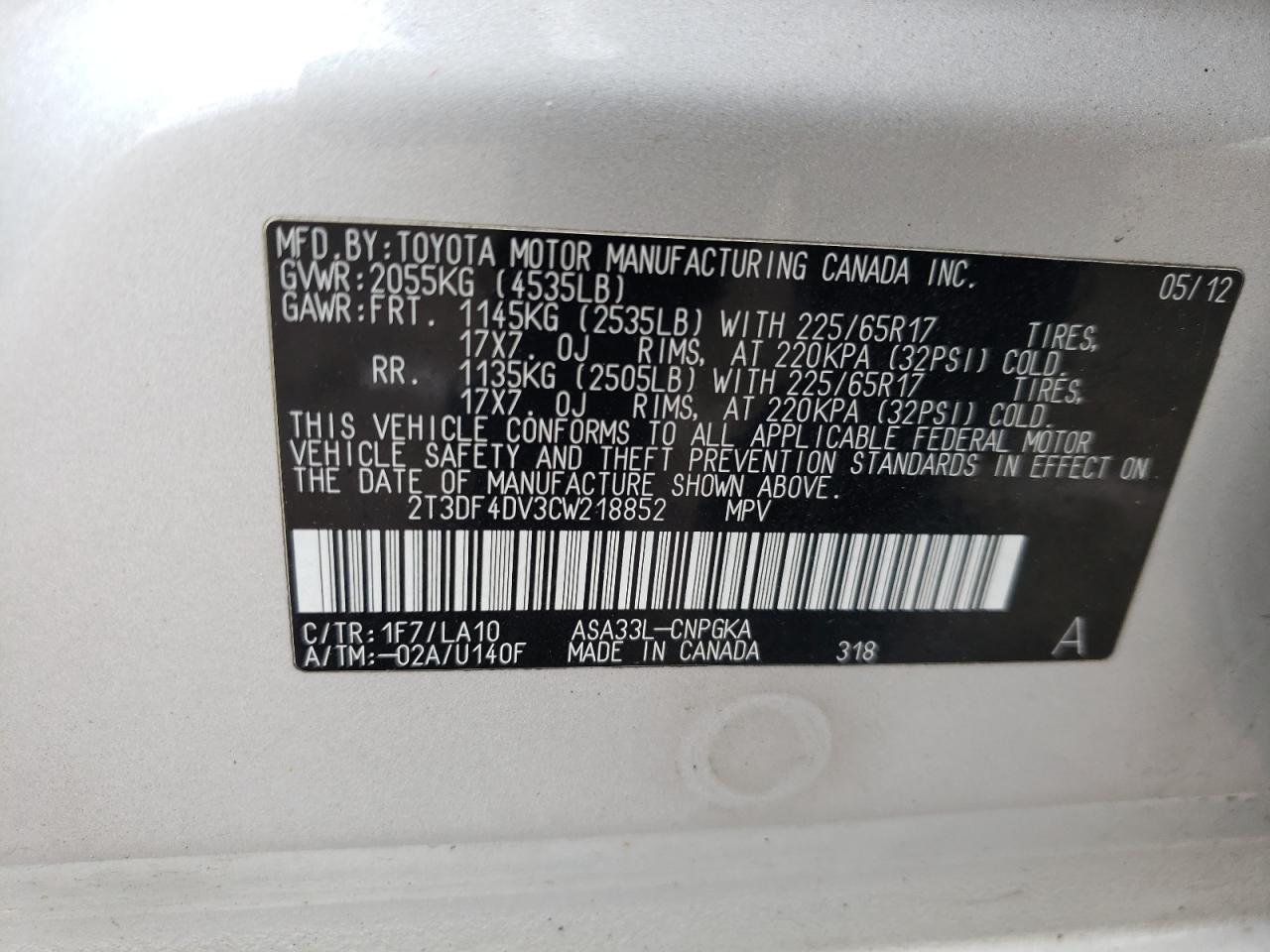 Photo 10 from auction – 2012 TOYOTA RAV4 LIMIT with VIN 2T3DF4DV3CW218852